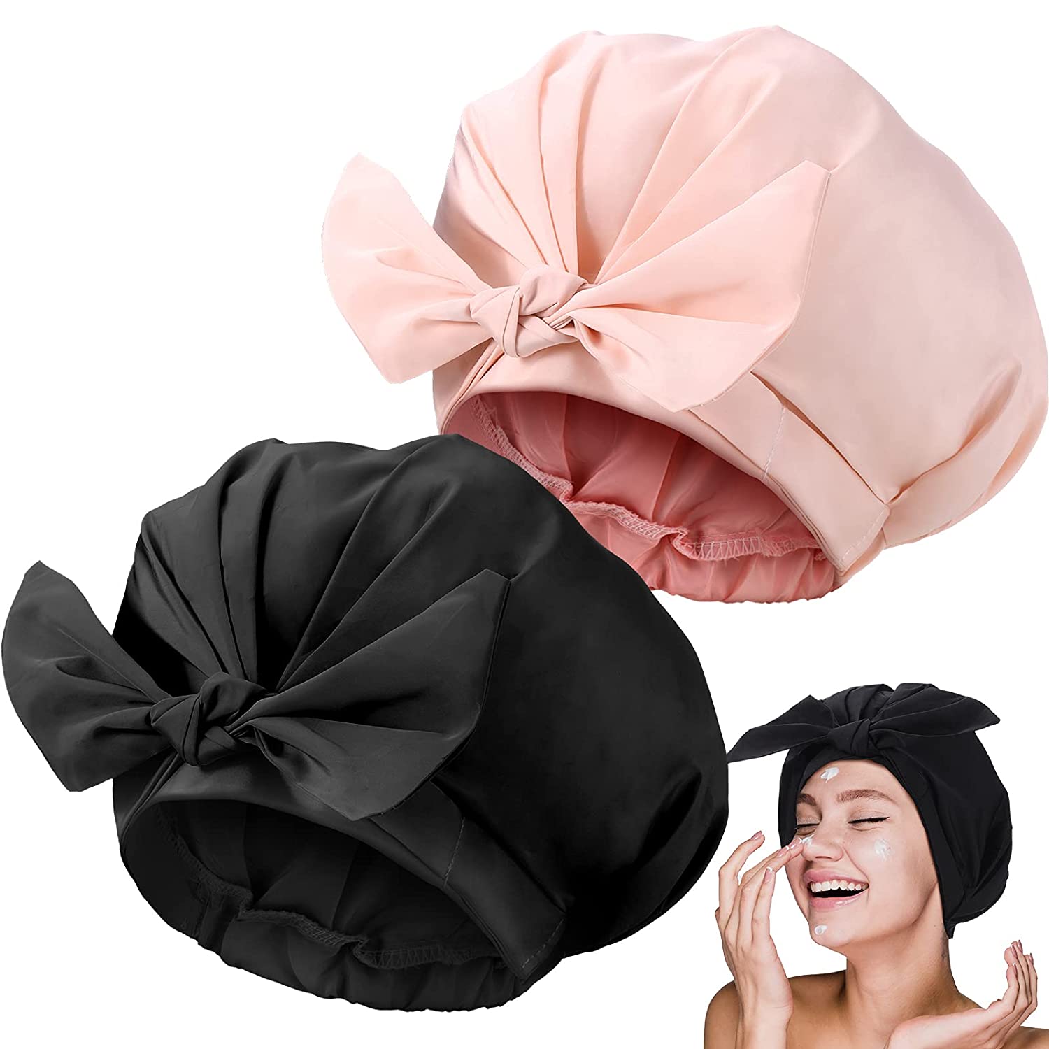 Custom reusable luxury pink and black large fashion double layer cute bow waterproof shower cap