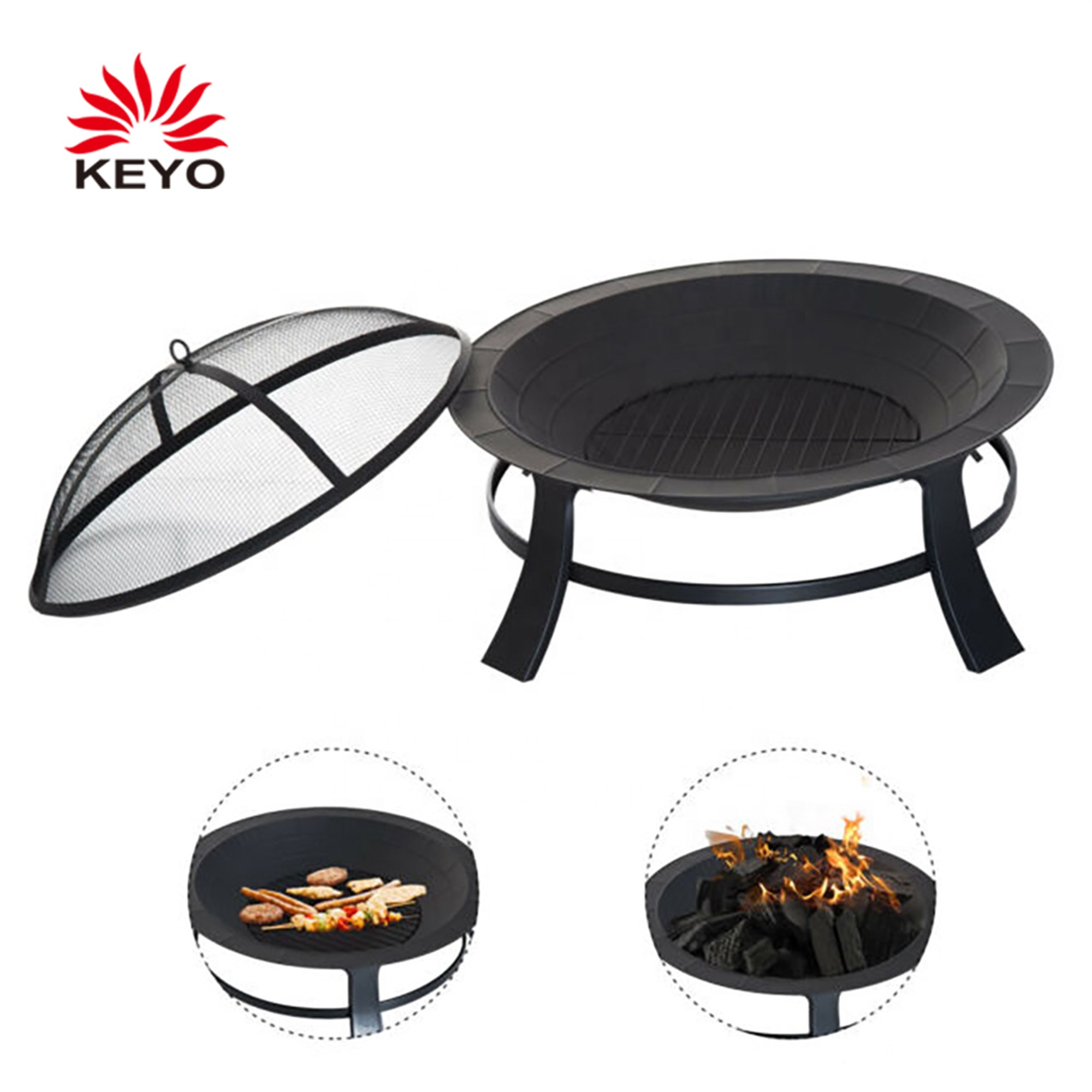 KEYO 2-in-1 Black Fire Pit Outdoor Steel Fire Basket Firepit Combo BBQ Grill