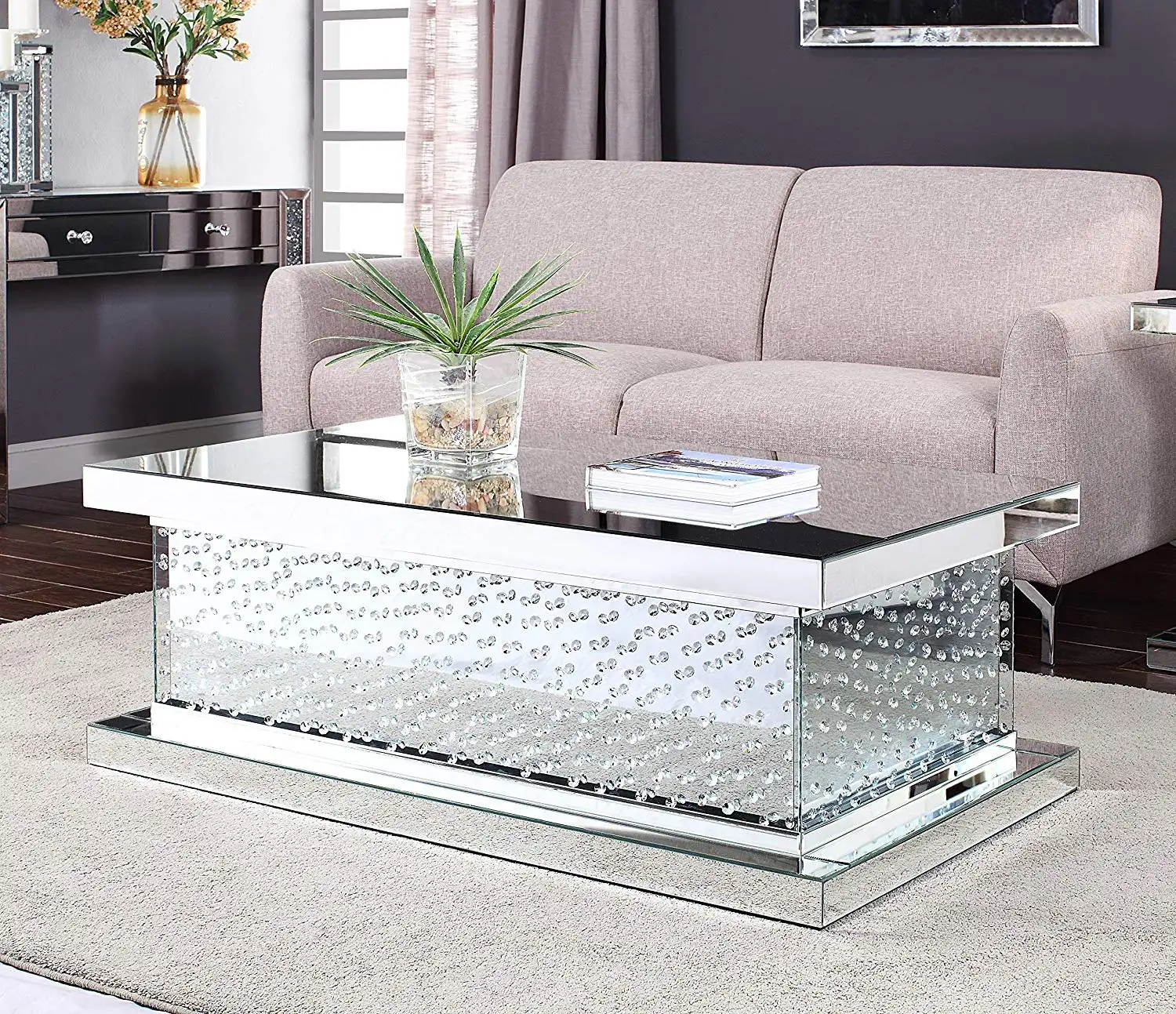 Modern Design Mirrored Coffee Table With Crystals Inlay And 4 mm Clear Tempered Glass