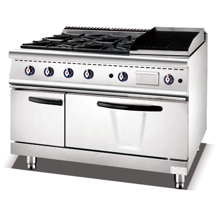 900mm Freestanding Gas Cooking Range 4 Burner Stove And Lave Rock Grill With Oven For Restaurant
