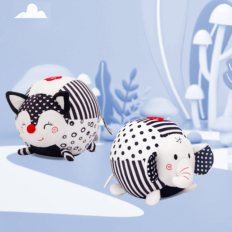New Design Elephant Fox Animals Black And White Baby Plush Balls With Bell