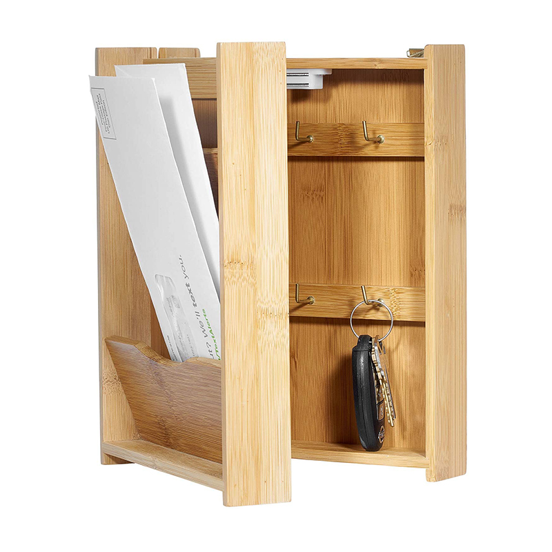Wall-mounted Bamboo Letters Rack Box.Bamboo Mails&Keys Organizer with Magnetic Closure Door&Hanging hooks.
