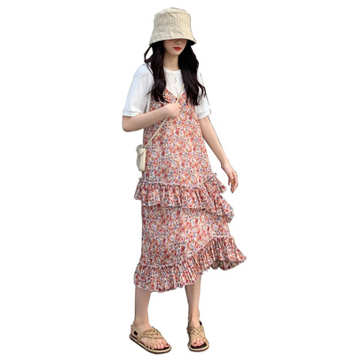 Lactation Summer Two-piece Full skirt Hepburn Style Floral Halter Dress Maternity Set Wholesale Price