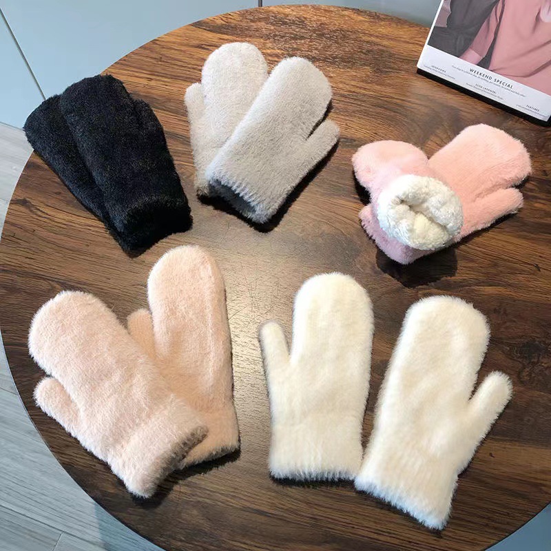 Women Cute Solid Color Mink Cashmere Mittens Winter Outdoor Cycling Hamd Gloves