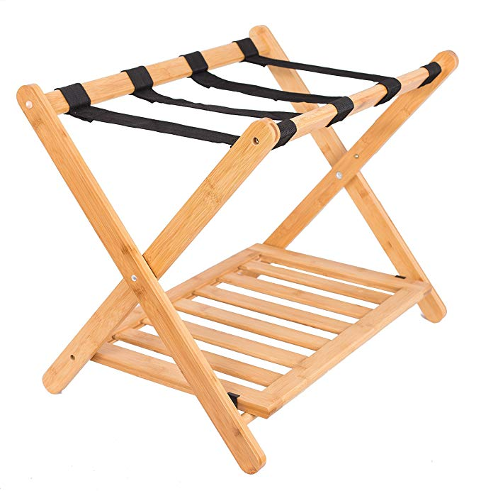 2 tiers Bamboo Folding Luggage Rack Suitcase Stand with Shoe shelf for Hotel Home
