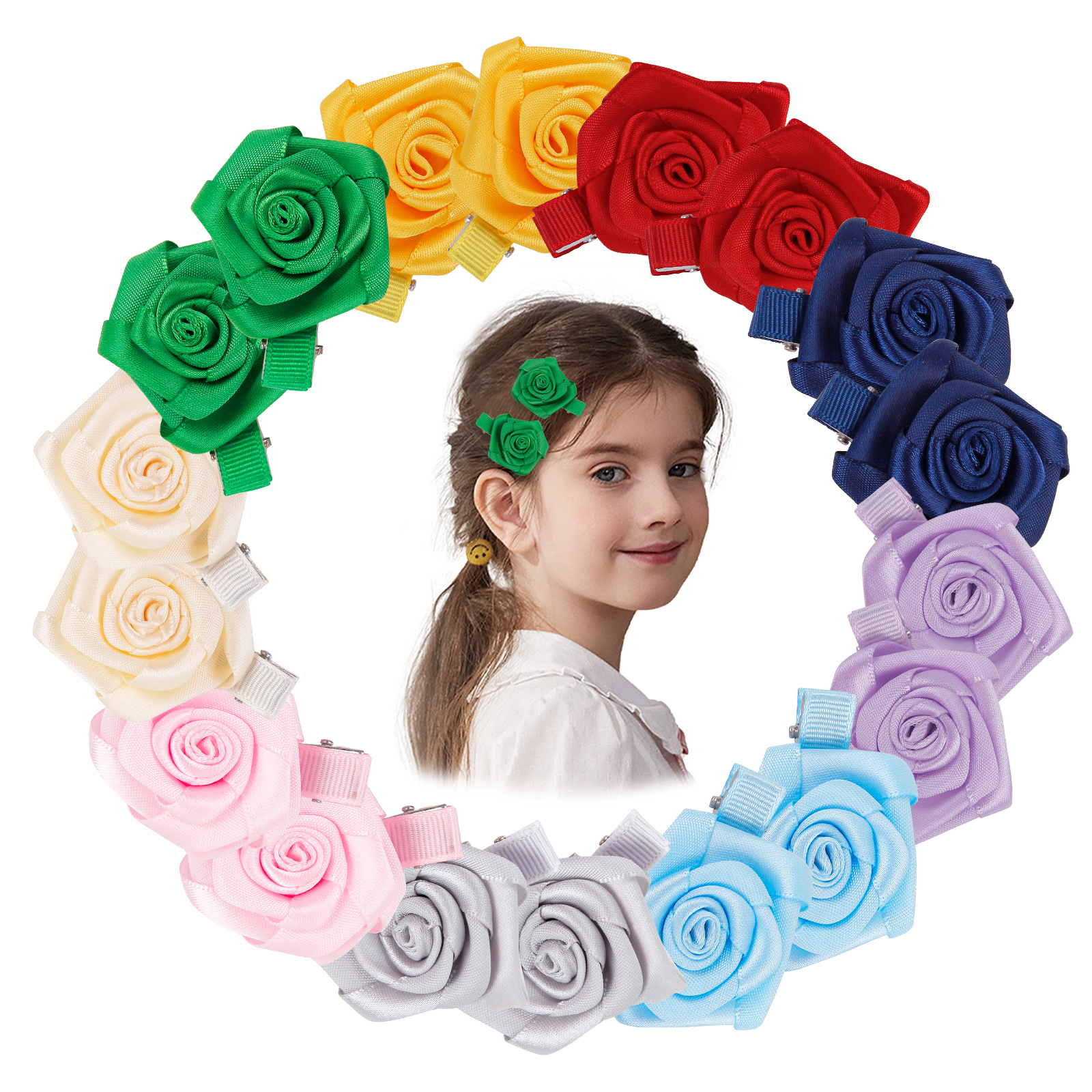Candygirl 9 pairs of rose ribbon hair clips For Kids Colorful rose HairPin for girls flower hair clips wholesale