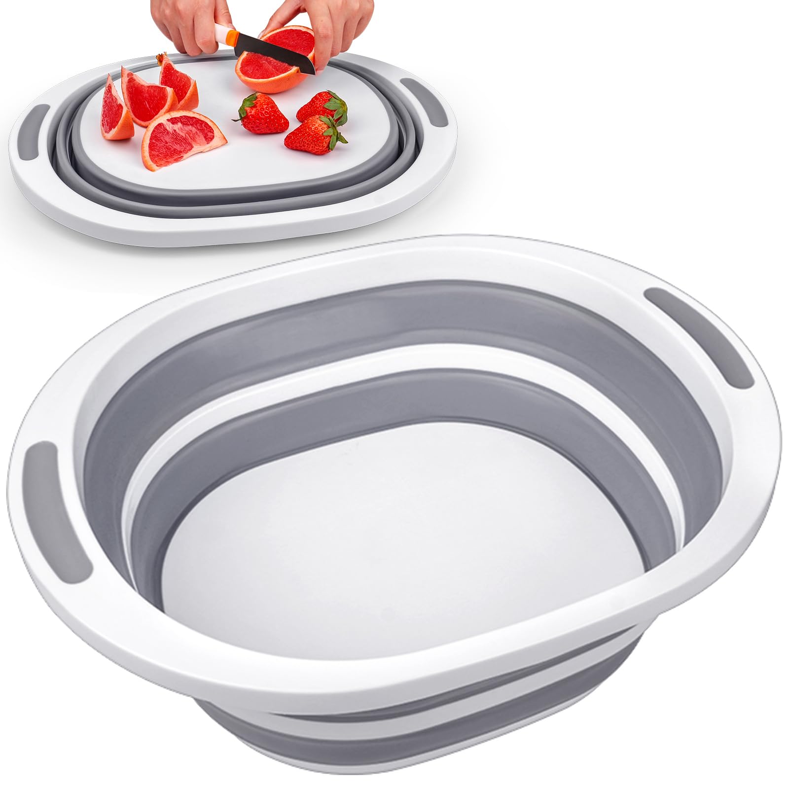 2-in-1 Portable 7.5L Collapsible Dish Basin Cutting Board Foldable Kitchen Sink for Camping BBQ Prep Wash Basin Storage Rack