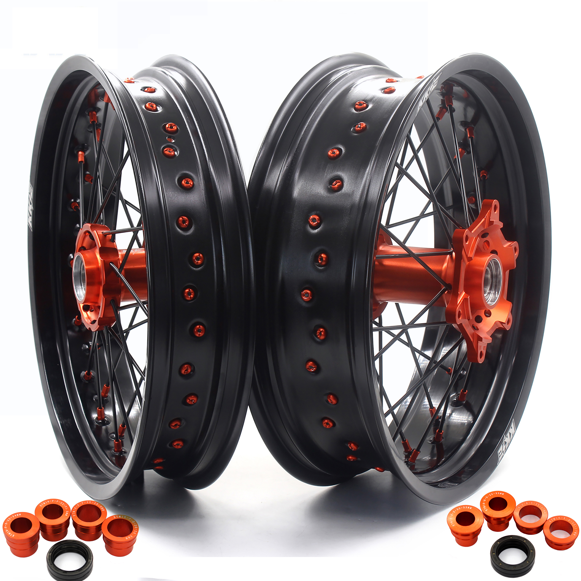 Колеса для мотоцикла KKE 3,5/5,0, совместимы с KTM 125 390 450 EXC SMC SXF, оранжевая ступица/соска, черная обода, черные спицы
