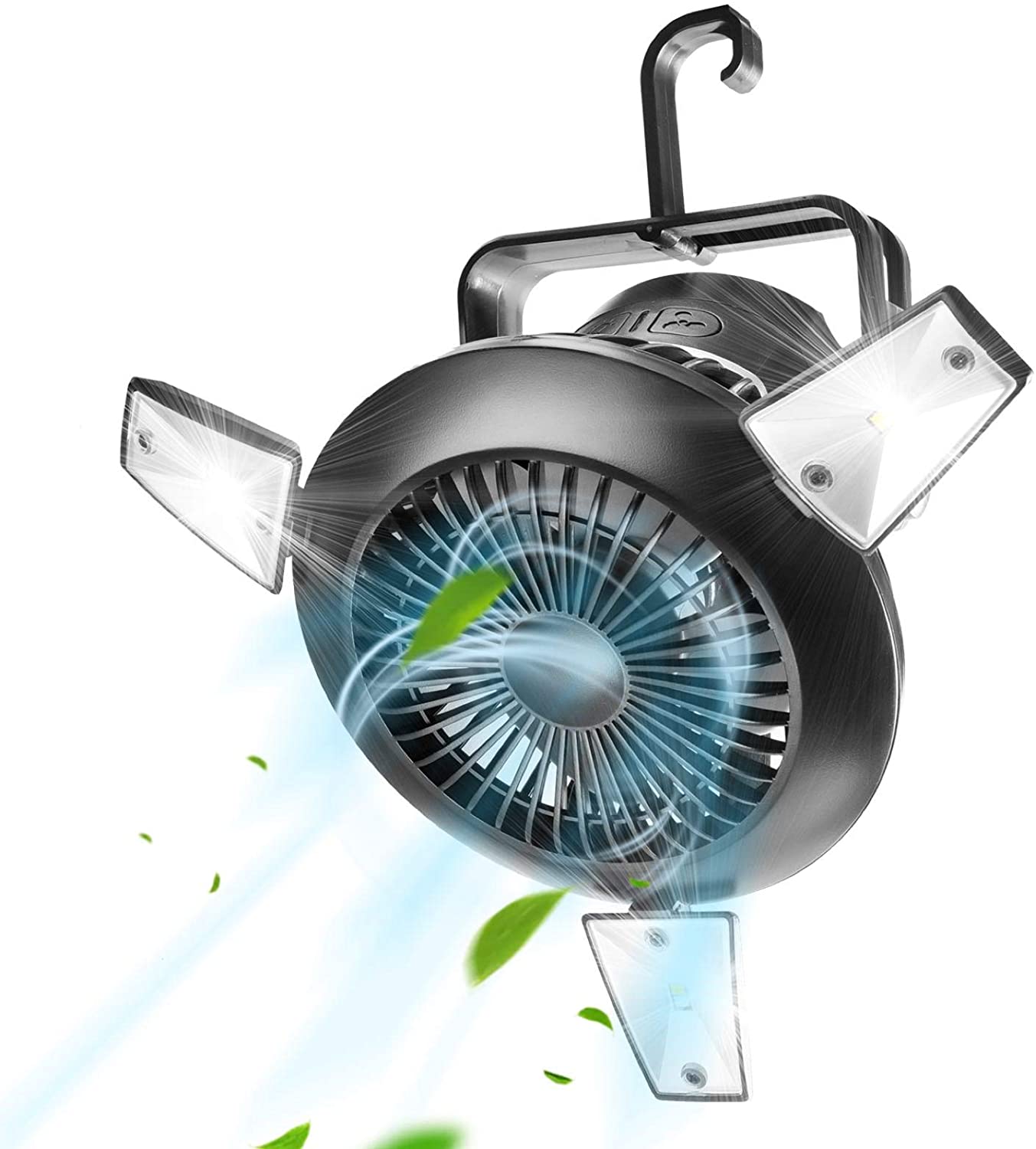 Solar Camping Fans for Tents Solar Powered Camp Lantern with Hanging Hook 4 Speeds USB Desk Fan