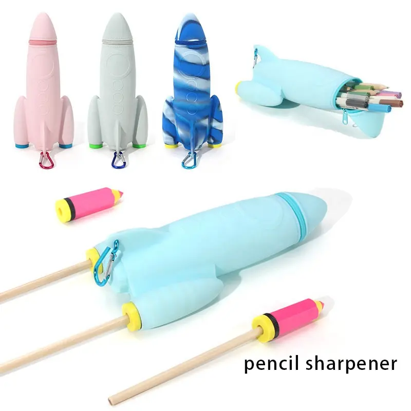 Custom Rocket Shape Wholesale Silicone School Kids Pencil Case Pencil Box Pouch for Kids With Pencil Sharpener