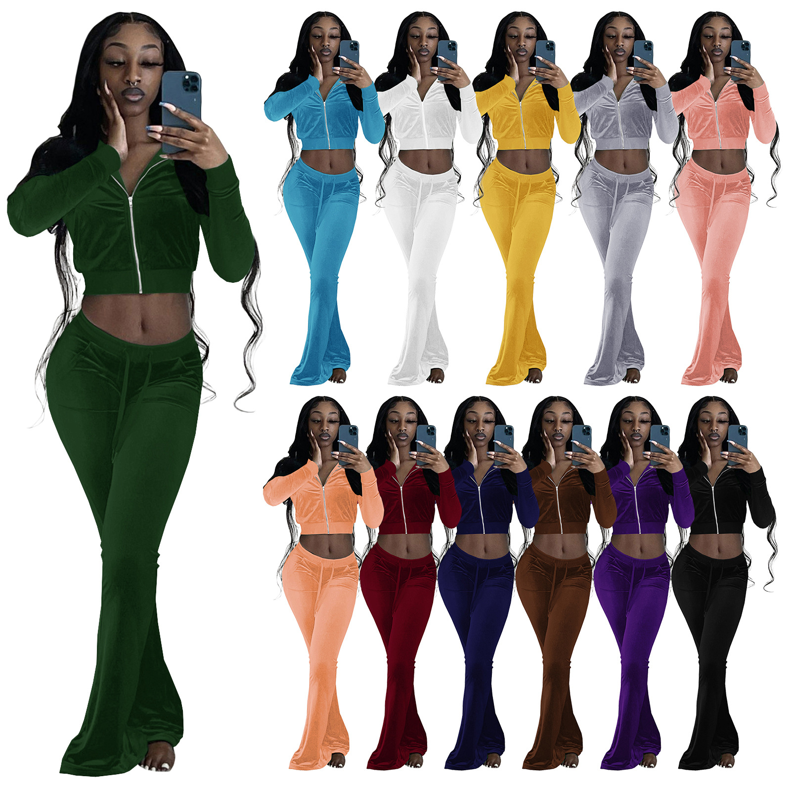 2021 Fall New Arrivals Long Sleeve Crop Top Two Pieces Pants Sets Zipper Solid hooded two piece set velour tracksuits