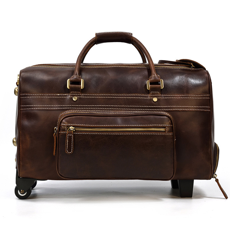 2022 Genuine Leather Luggage Travel Wheel Duffle Bag Weekend Overnight Bag Rolling Suitcase Cow Leather Trolley Bag
