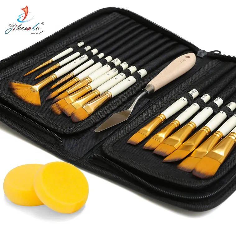 Yihuale 15pcs Artist Paint Brush with Pop-up Carrying Case and Palette Knife Sponge painting brush set