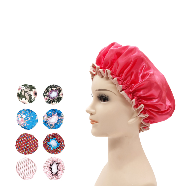 Wholesale Custom Printed Women Shower Hat PEVA Polyester Hair Cover Bonnet Headgear Double Layer Waterproof Elastic Shower Cap