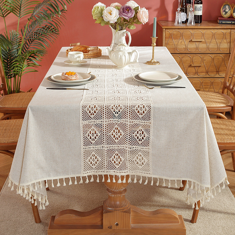 American Style Pastoral Tablecloth, Solid Color, Light Luxury Lace and Lace Stitching Technology Tablecloth