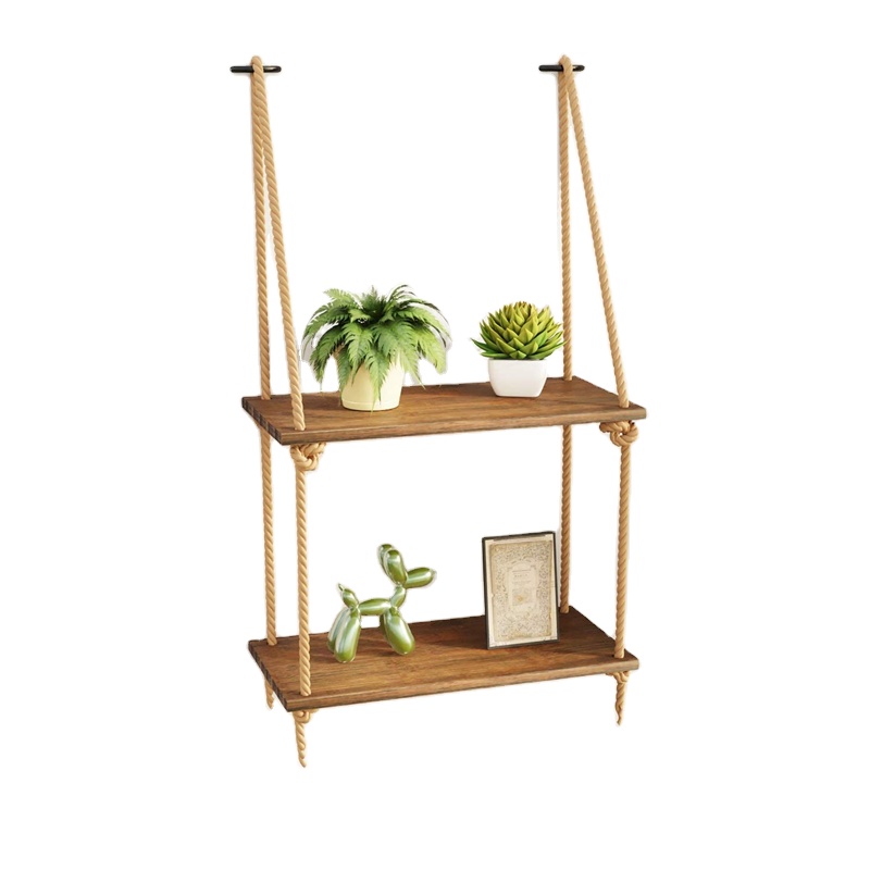 Custom 2-tier Distressed Wooden Wall Hanging Shelves With Woven Rope Boho Home Decor Storage Organizer Shelf