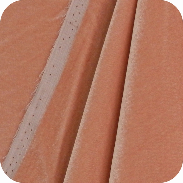 Silk rayon velvet, solid dyed in Peach Cylamen Chamois colors. Custom dyed as per Pantone colors. 65111 georgette GGT