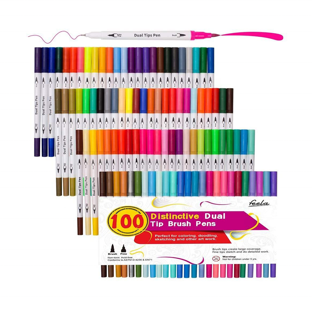 100 Colors Dual Tip Brush Pens with Fineliners Art Markers, Watercolor Dual Brush Tip and Highlighters For Adult Coloring