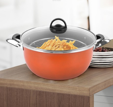 Hot Selling Kitchen Cooking Cookware Deep Fryer Pot Chip Pan With Fry Basket and Clear Glass Lid