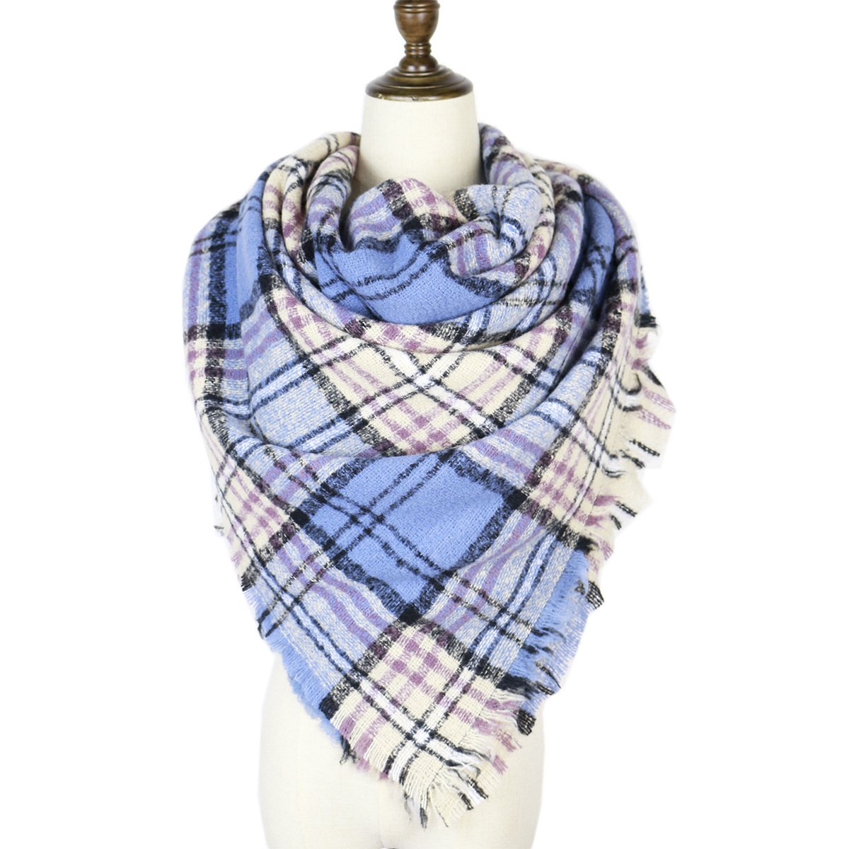 Check Stripe Loop Yarn Burr Three-Horn Scarf Headscarf Short Tassel Triangle Scarf Cashmere Scarf