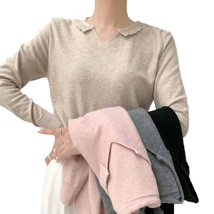 Winter New Lace Collar Solid Color Jumper Women Vneck Knit Fabric Sweater
