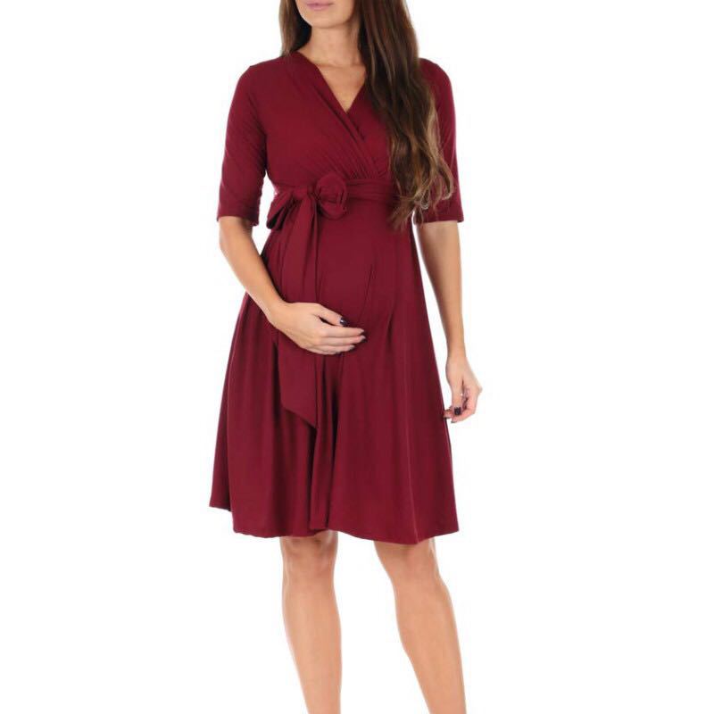 Pure color V neck lace maternity dress casual maternity dress for pregnant woman