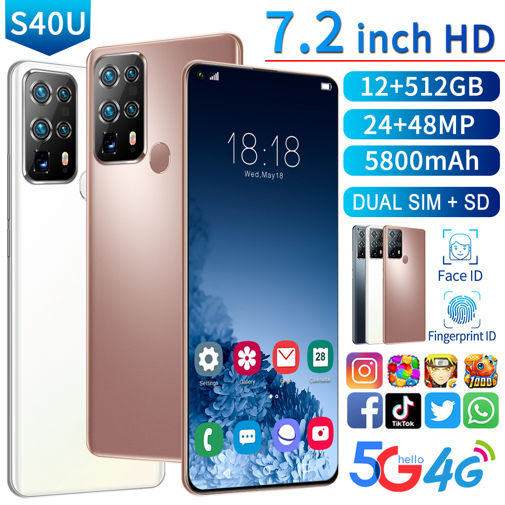 Дешевый телефон S40U 5g, мобильный телефон с функцией 7,2 дюймов HD 1440*3040 12 Гб + 512 Гб 24MP + 48MP 5800 мач Android celulares MTK6889 10, четыре ядра, смартфон с функцией отпечатков пальцев
