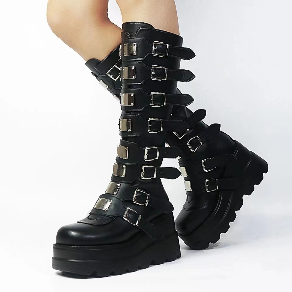 Autumn and Winter Large Size Leather Buckle Strap Thick Sole Long Boots Women's Matsutake High Heels Mid-Boots Tight Women shoes