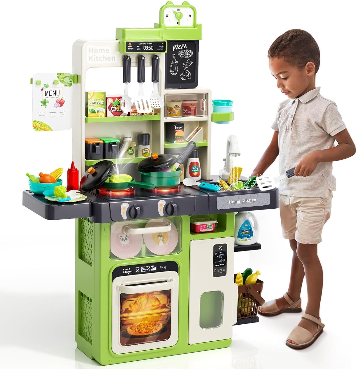 Customizable Wooden Play Kitchen with Steam Sounds and Light Effects for Toddlers