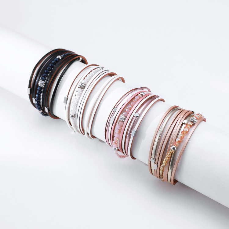Bohemian Ethnic Style Jewelry Multi Layer Leather Wrap Bracelet Fashion Retro Exquisite Crystal Beads Leather Wrist Bands Bangle