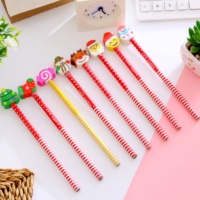 Best Selling Christmas Pencil Gifts Stationery Wholesale School Popular Wooden Pencils with Rubber Erasers for Children