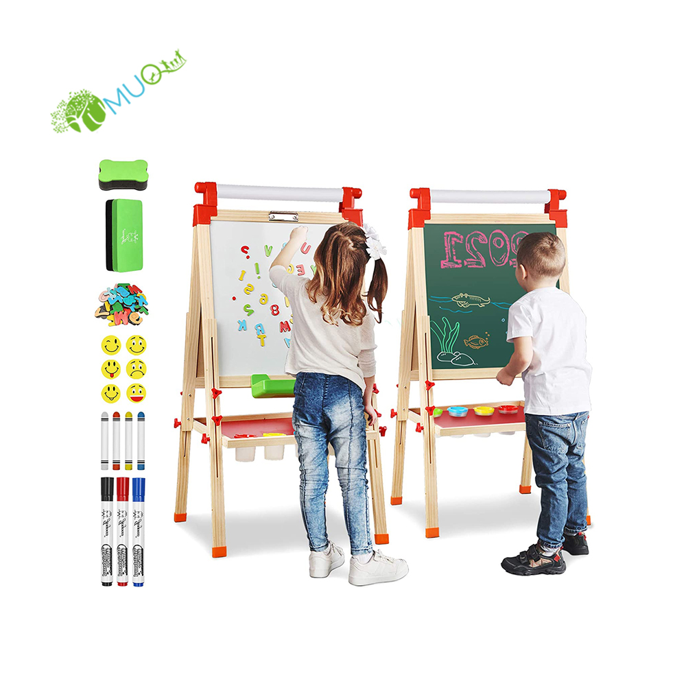 YumuQ Montessori 3 в 1 регулируемые Деревянные Художественные мольберты с рулоном бумаги, Двусторонняя доска и белая доска для детей и малышей