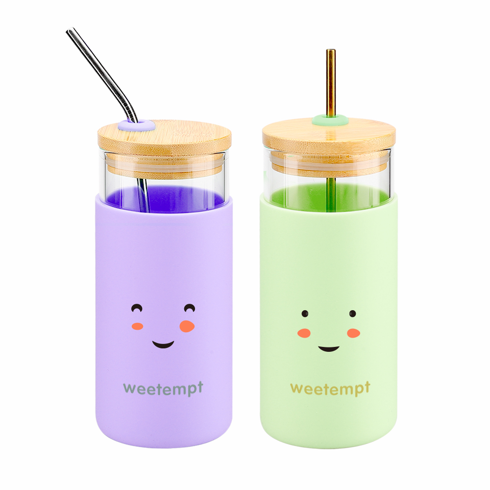 Custom Logo Reusable 18oz Wide Mouth Glass Tumbler Coffee Tea Cups Silicone Protective Sleeve with Straw Bamboo Lid BPA Free