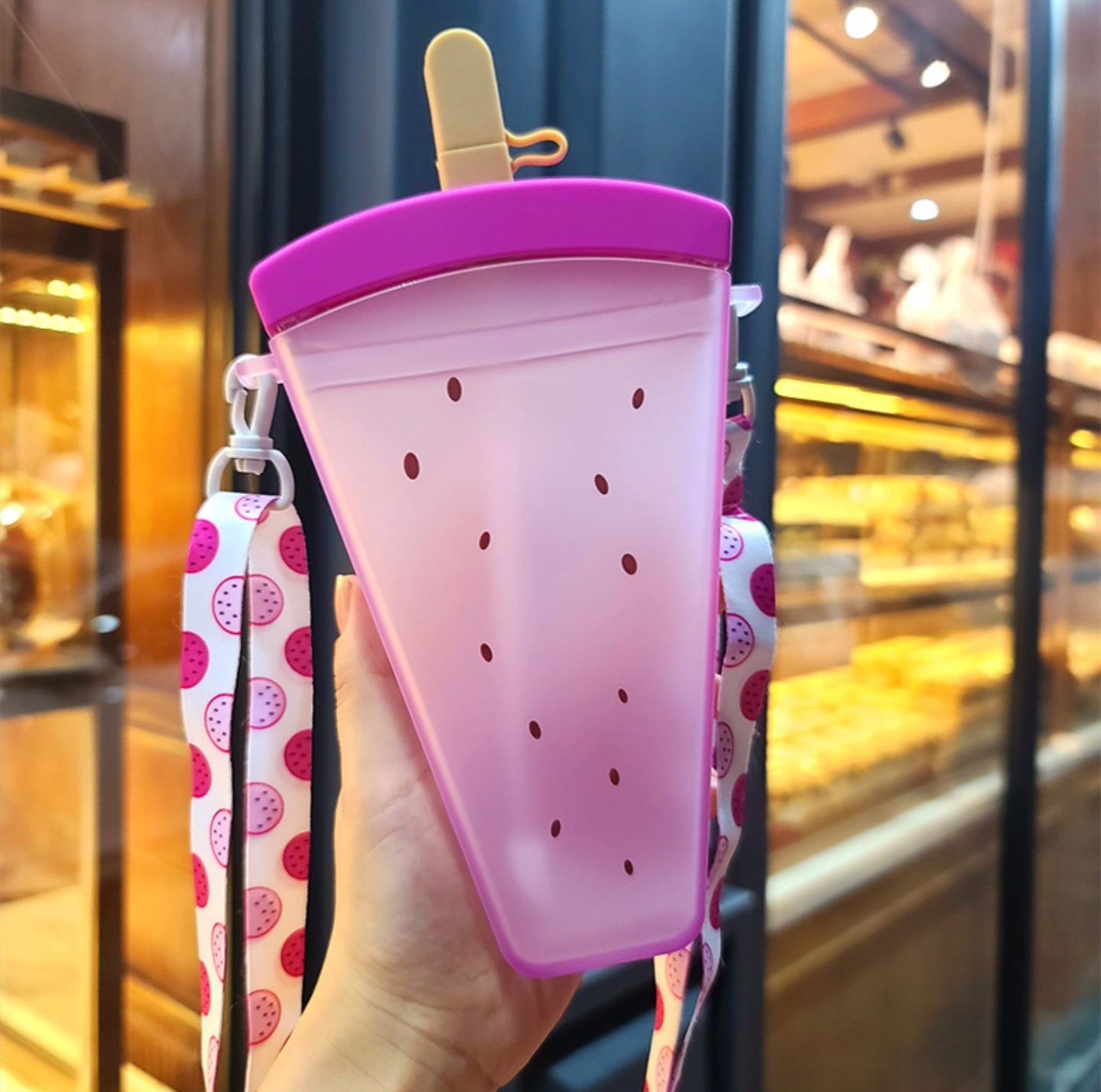 Creative cartoon fruit ice cream strap plastic straw water cup 350ml travel girls cute portable water bottles