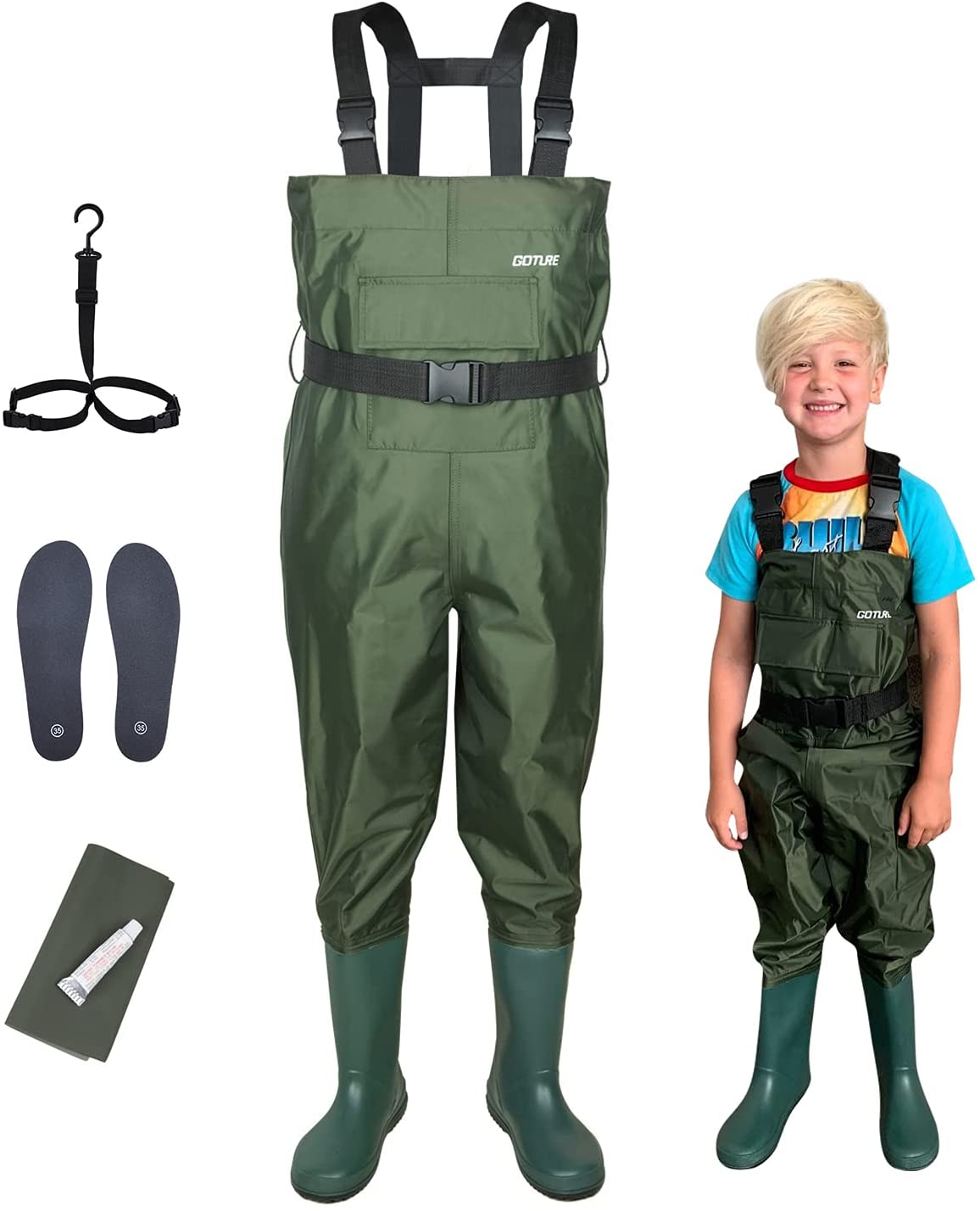 Goture Kids Chest Waders Lightweight Breathable Durable PVC Fishing Waders With Boot For Toddler and Children