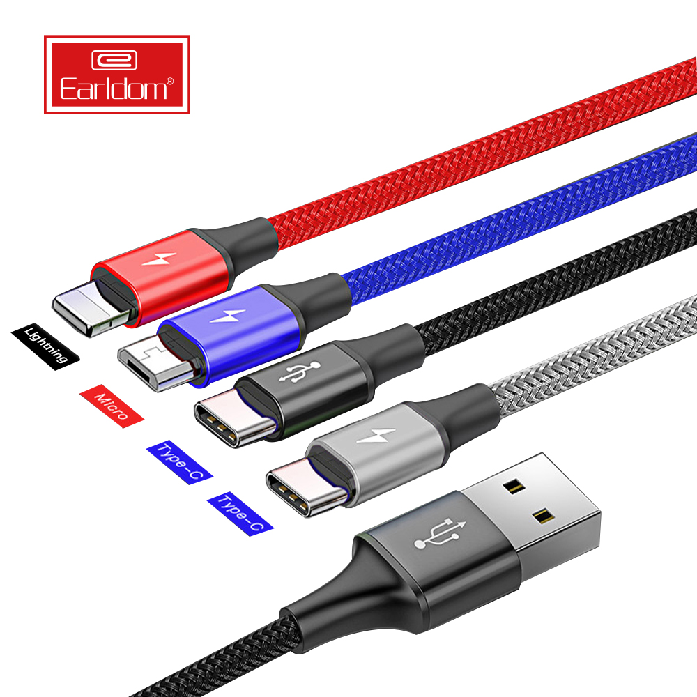 Нейлоновый Плетеный usb-кабель Earldom 4 в 1, цветной Usb-кабель для многозарядного мини-микро-Usb 8-контактного разъема, кабель для передачи данных