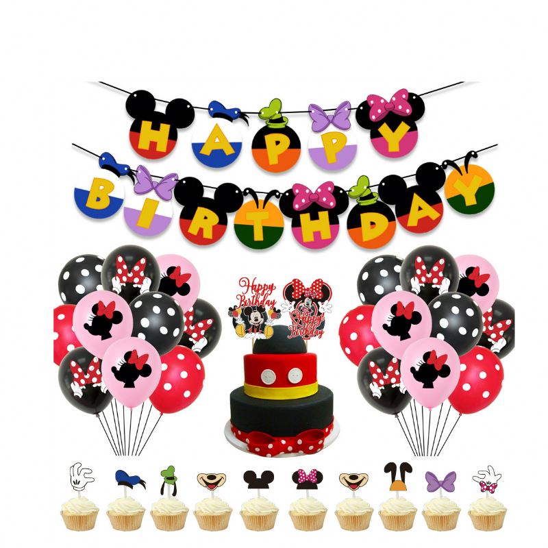 Minnie Birthday Theme Party Decoration Letter Paper Banner Mickey Mouse Pull Flag Balloon Cake Topper Set