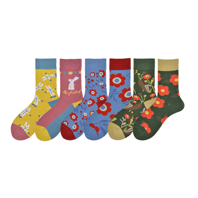High Quality Women AB Socks Colourful Cute British Style Asymmetry Winter Printed AB Socks