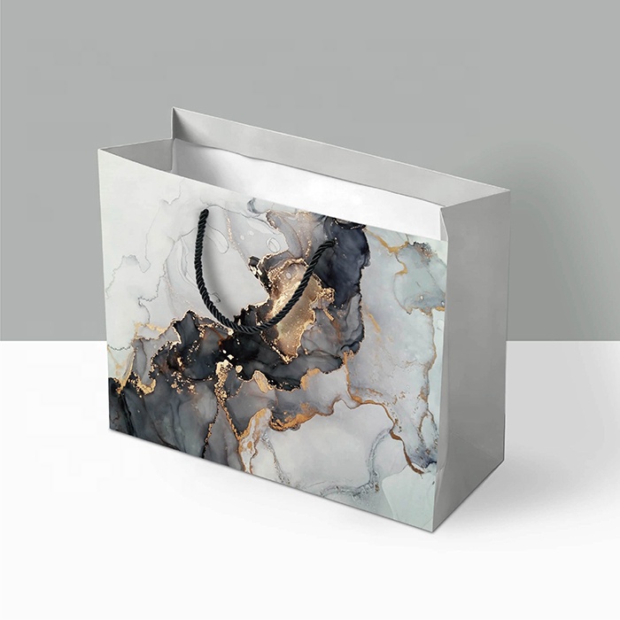 Gold Stamping Logo Matte Black Paper Bag With Handle High-End Clothing Shoe Watch Wine Gift Block Bottom Paper Bags