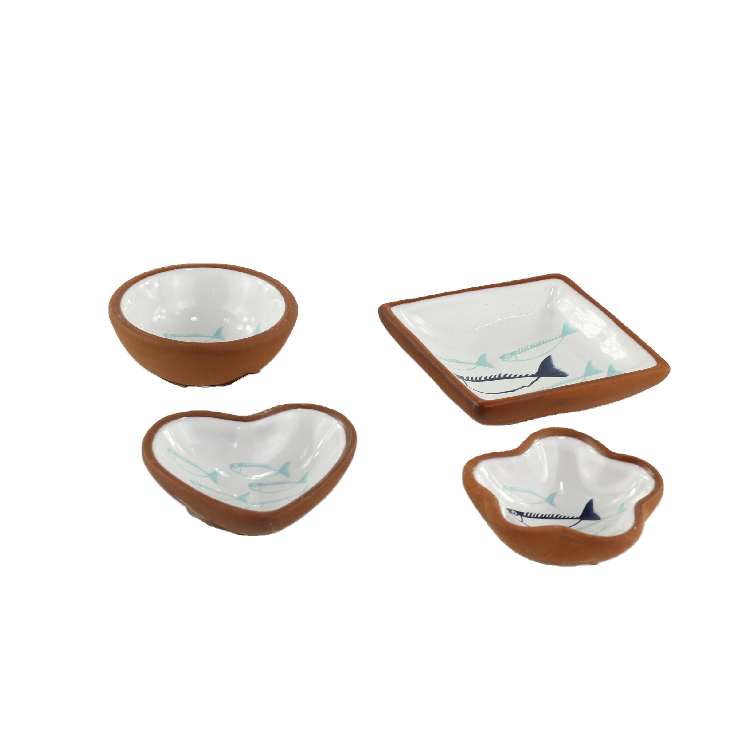 Tableware Four Shapes Small Ceramic Blue Fish Decal Sauce Saucers- Round, Heart Shape, Flower Shape, Square