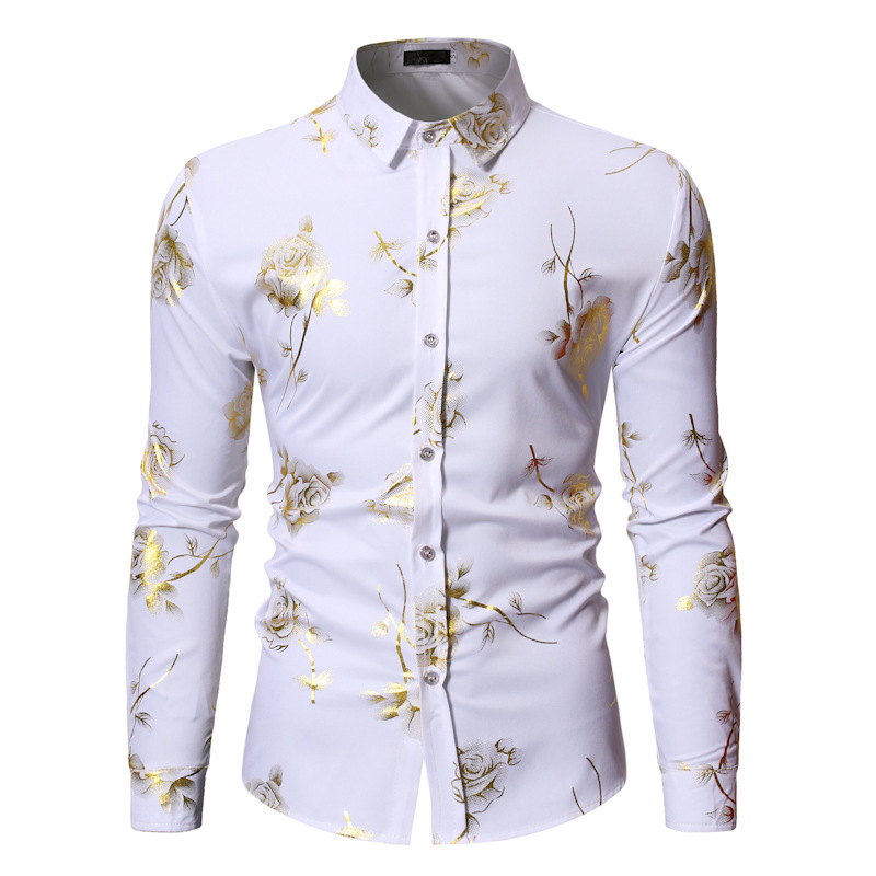 Gold Shirt Men New Slim Fit Long Sleeve Masculina Mens Club Prom Male Shirt