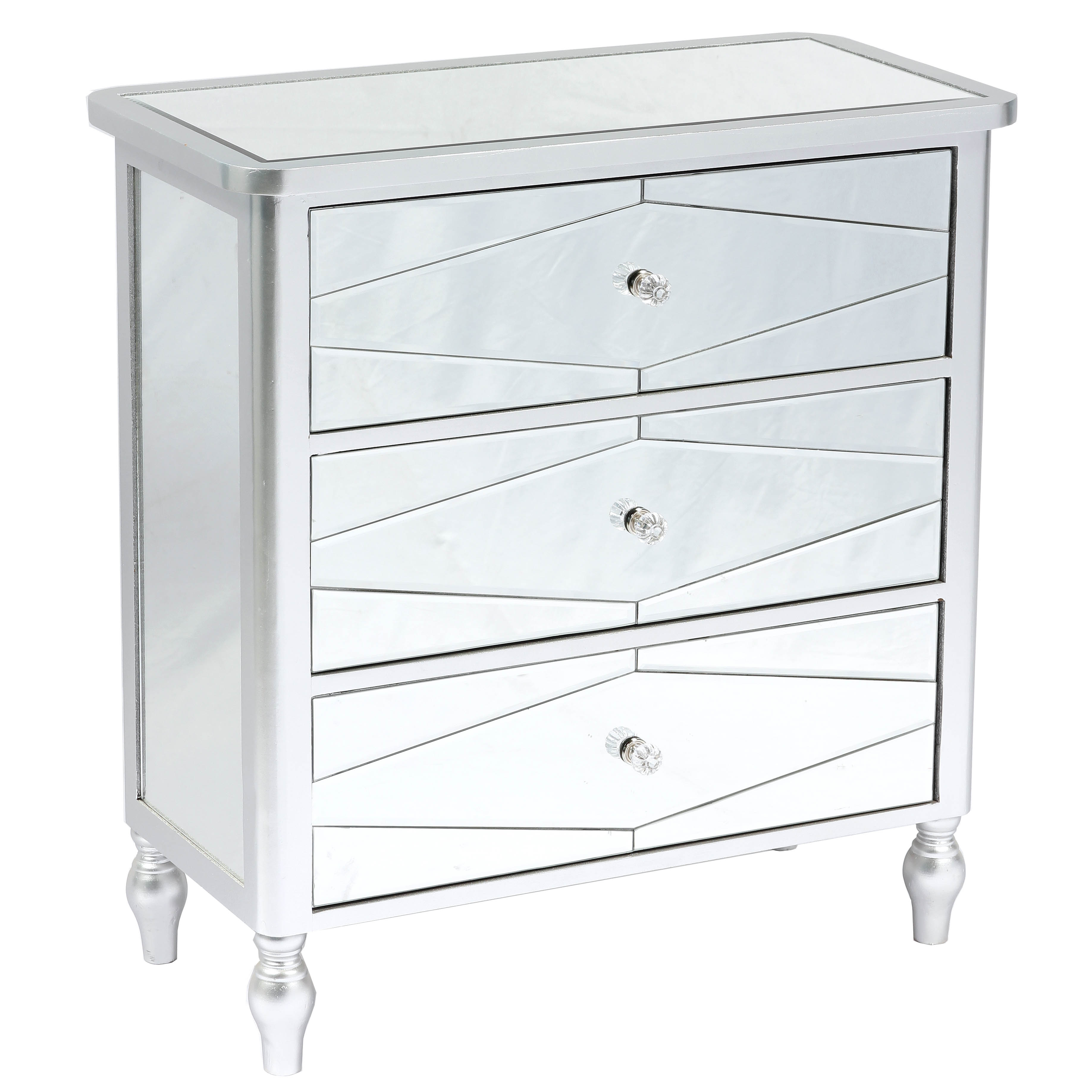Modern Mirror/Silver 3 Drawer Mirrored End Table For Living Room