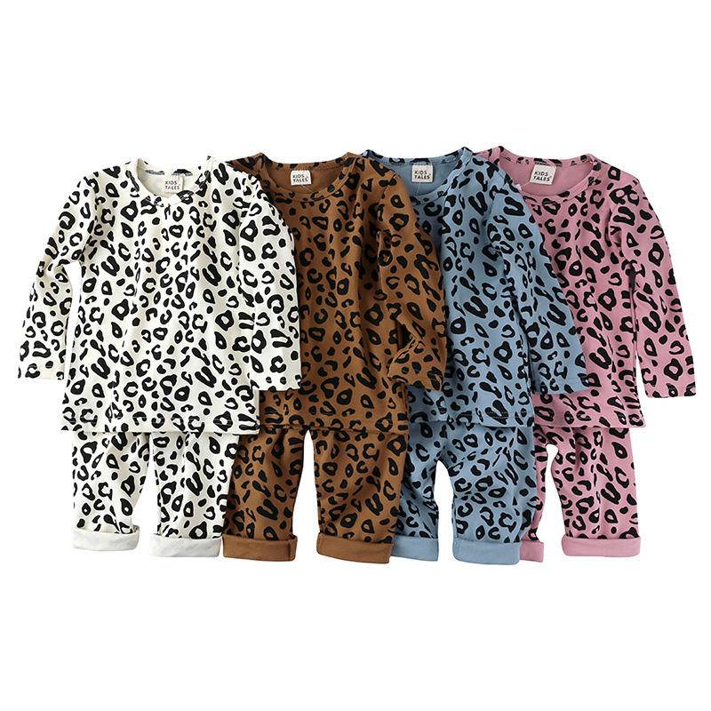 Wholesale fall winter children 2 pcs toddler leopard print baby sleeping wear long sleeve baby clothes sets
