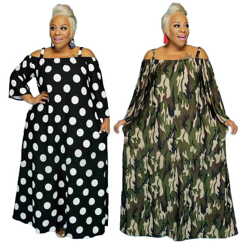 Fashion Off Shoulder Dot Print Casual Plus Size Cami Dress for Women
