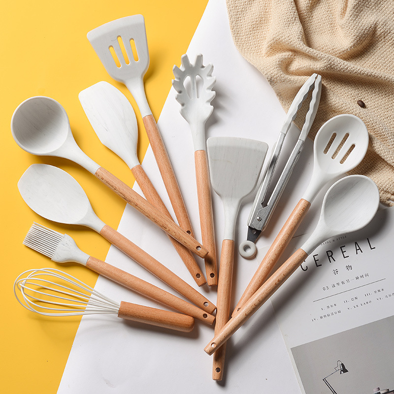 Amazon Hot Kitchen Accessories White Blue Khaki Light Grey Non-Stick 12 Pieces Silicone Kitchen Utensils With Wood Handles
