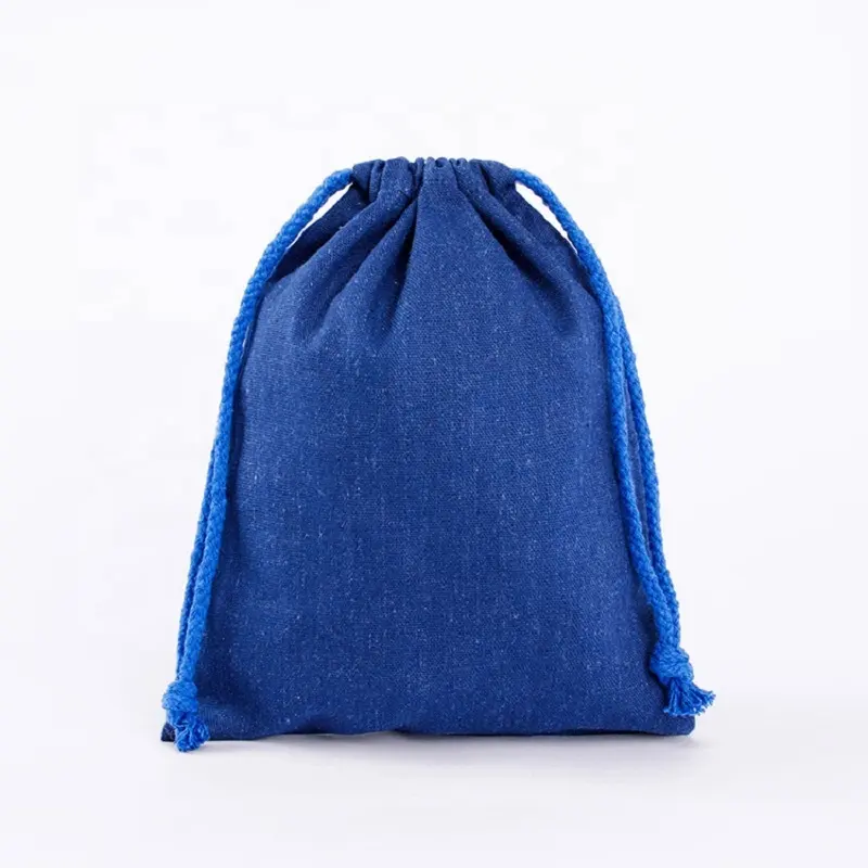 Eco-Friendly Royal Blue Linen Flax Fabric Drawstring Pouch for Gift Packaging
