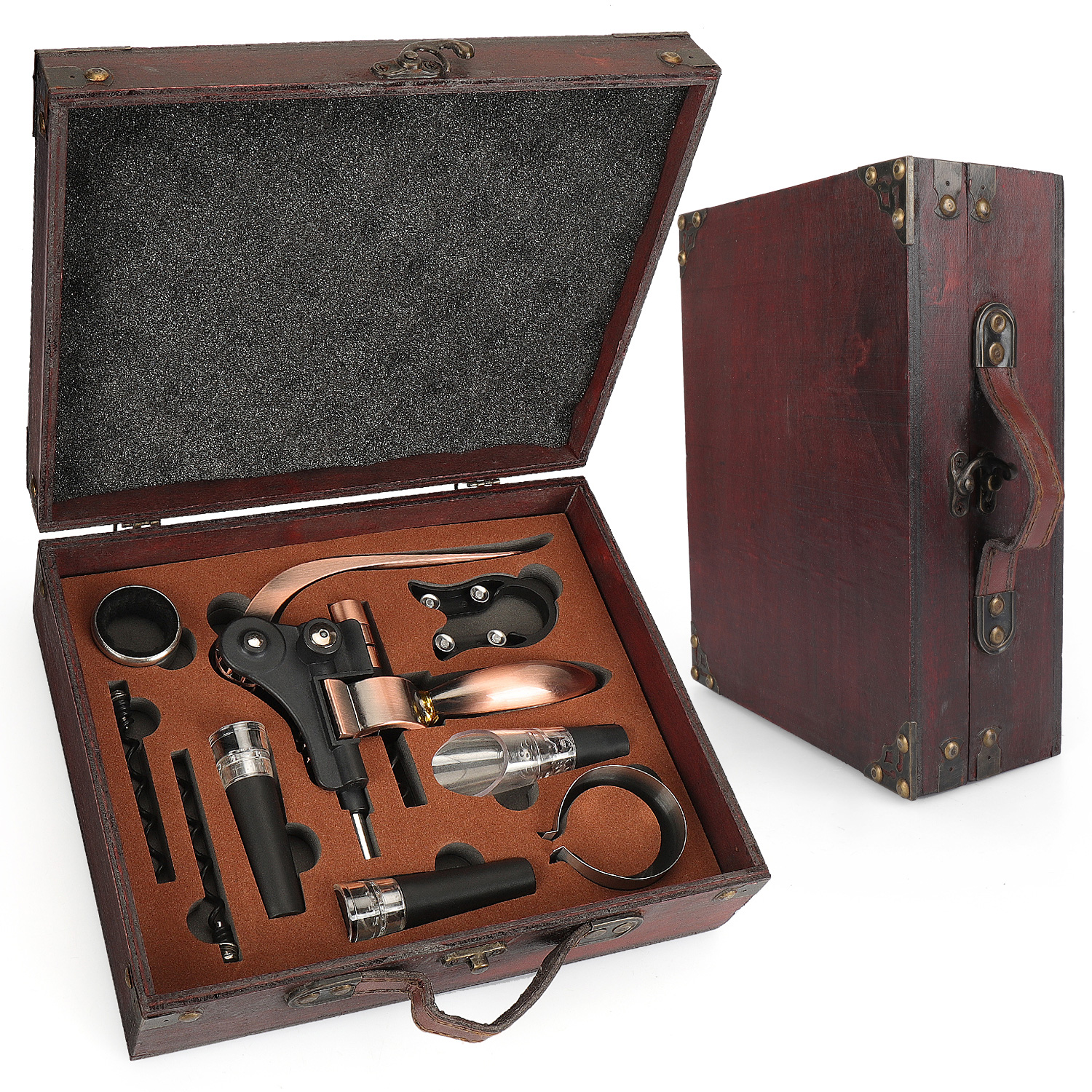 Factory Directly Sale Deluxe 9 kits Wine Corkscrew Gift Set in Antique Wooden Box for Anniversary, Birthday, Christmas Wedding