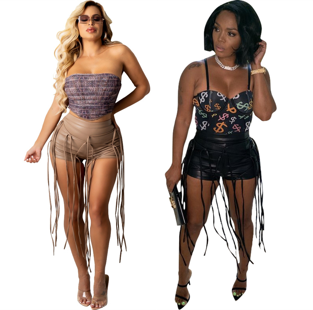 Casual Slim Large Stretch Leather Rope Shorts Women's Straight Leg Pants