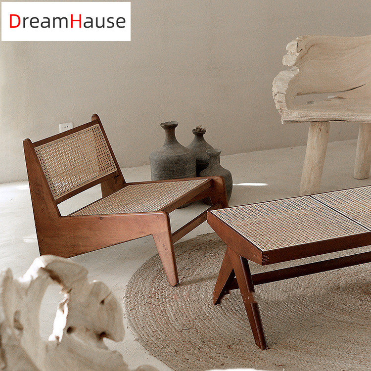 Простое домашнее дизайнерское кресло dreamhome pierre jeanneret le corbusier, кресло из цельной древесины из ротанга для гостиной, кресло-Лаунж и скамейка