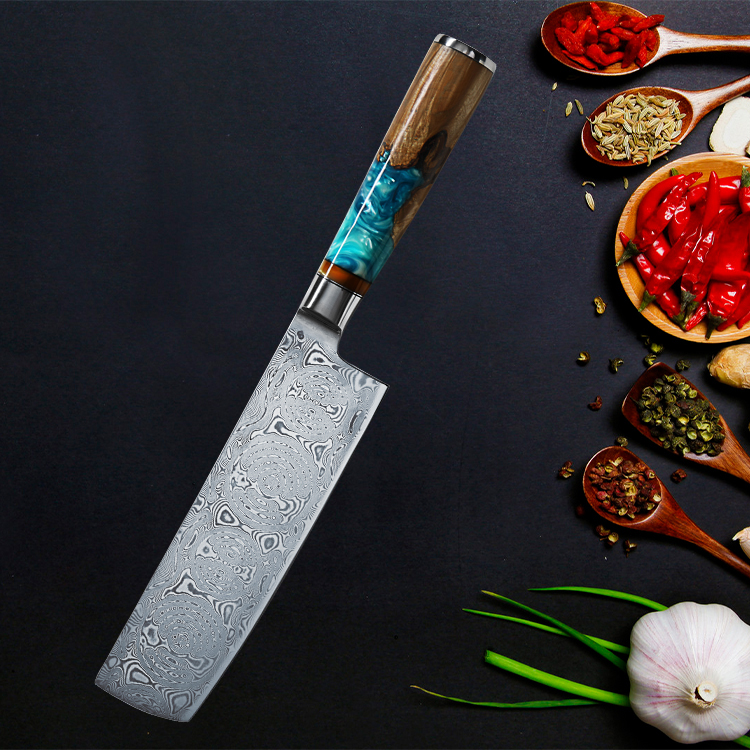7 Inch Hot Sale Stainless Steel Damascus Chef Knife Resin Stablized Handle 67 Layers Damascus Kitchen Nakiri Knife